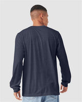 Pretreated BELLA+CANVAS 3501CVC Heather CVC Long Sleeve Tee - Heather Midnight Navy - On Model - Back