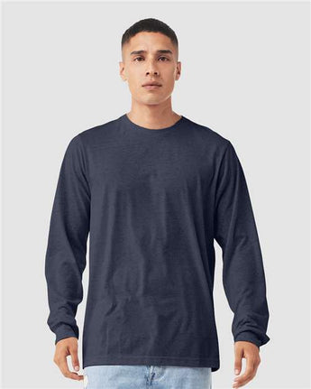 Pretreated BELLA+CANVAS 3501CVC Heather CVC Long Sleeve Tee - Heather Midnight Navy - On Model