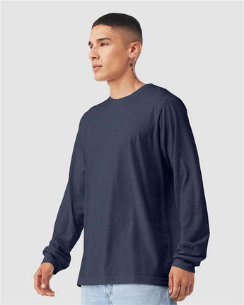 Pretreated BELLA+CANVAS 3501CVC Heather CVC Long Sleeve Tee - Heather Midnight Navy - On Model - Side