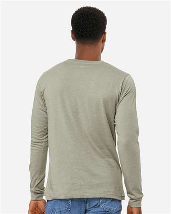 Pretreated BELLA+CANVAS 3501CVC Heather CVC Long Sleeve Tee - Heather Stone - On Model - Back