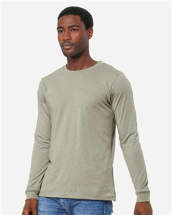 Pretreated BELLA+CANVAS 3501CVC Heather CVC Long Sleeve Tee - Heather Stone - On Model - Side