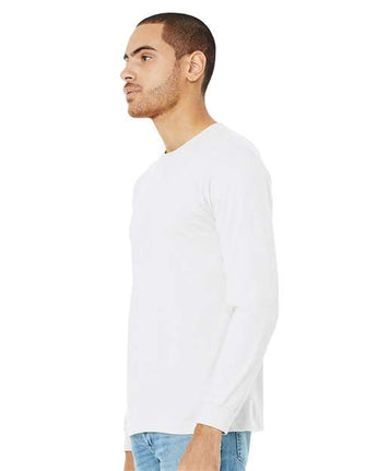 Pretreated BELLA+CANVAS 3501CVC Heather CVC Long Sleeve Tee - Solid White Blend - On Model - Side