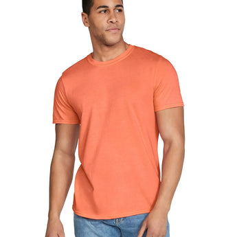 Pretreated Gildan 64000 Softstyle T-Shirt - Model in Heather Orange tee.