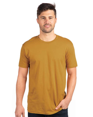 Pretreated Next Level 3600 Unisex Cotton Short Sleeve Crew - Model wearing Antique Gold color shirt.