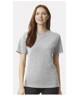 Pretreated American Apparel 1301 Heavy Cotton Tee - Female model wearing Heather Grey tee.