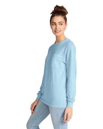 Pretreated Comfort Colors 4410 Heavyweight Adult Long Sleeve Pocket T-Shirt - Chambray - Side