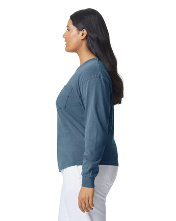 Pretreated Comfort Colors 4410 Heavyweight Adult Long Sleeve Pocket T-Shirt - Blue Jean - Side