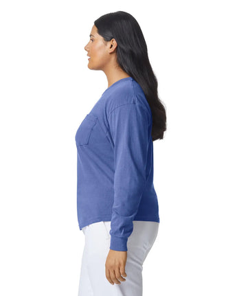 Pretreated Comfort Colors 4410 Heavyweight Adult Long Sleeve Pocket T-Shirt - Flo Blue - Side