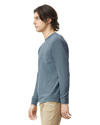 Pretreated Comfort Colors 4410 Heavyweight Adult Long Sleeve Pocket T-Shirt - Ice Blue - Side