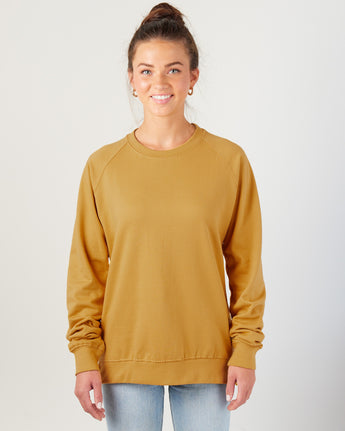 Pretreated Enza 32579 Ladies Midweight PFC Pullover Crew - Heather Mustard