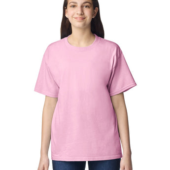 Pretreated Gildan 3000B Youth Light Cotton T-Shirt - Model wearing Light Pink tee.