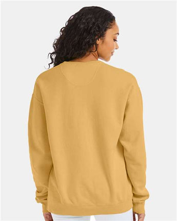 Pretreated ComfortWash GDH400 Unisex Garment-Dyed Crewneck Sweatshirt - Artisan Gold - On Model - Back