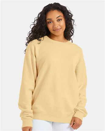 Pretreated ComfortWash GDH400 Unisex Garment-Dyed Crewneck Sweatshirt - Summer Squash Yellow - On Model