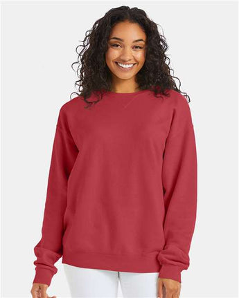 Pretreated ComfortWash GDH400 Unisex Garment-Dyed Crewneck Sweatshirt - Crimson Fall - On Model