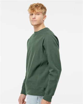 Pretreated Independent Trading Co. IND5000C Unisex Legend Premium Heavyweight Cross-Grain Crewneck Sweatshirt - Alpine Green - On Model - Side