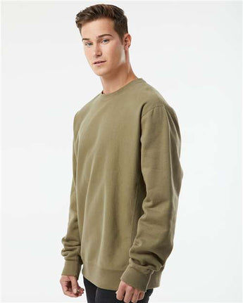 Pretreated Independent Trading Co. IND5000C Unisex Legend Premium Heavyweight Cross-Grain Crewneck Sweatshirt - Olive - On Model - Side