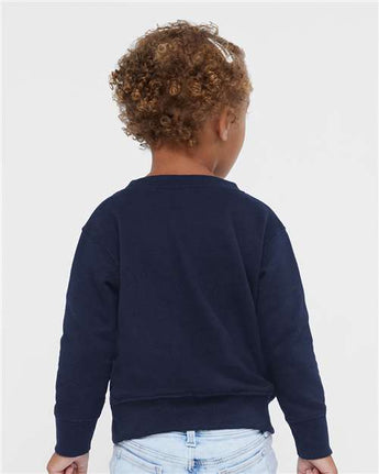 Pretreated Rabbit Skins 3317 Toddler Fleece Crewneck Sweatshirt - Navy - On Model - Back