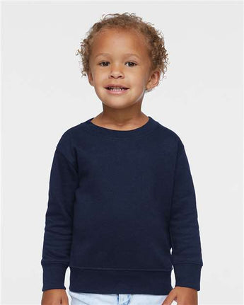 Pretreated Rabbit Skins 3317 Toddler Fleece Crewneck Sweatshirt - Navy - On Model