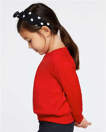 Pretreated Rabbit Skins 3317 Toddler Fleece Crewneck Sweatshirt - Red - On Model - Side