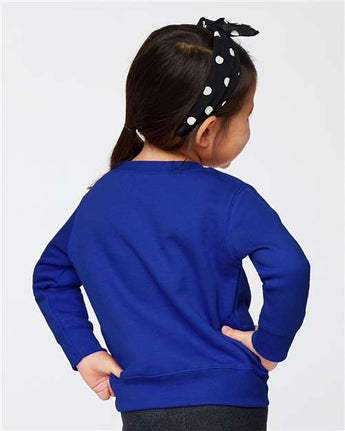 Pretreated Rabbit Skins 3317 Toddler Fleece Crewneck Sweatshirt - Royal - On Model - Back