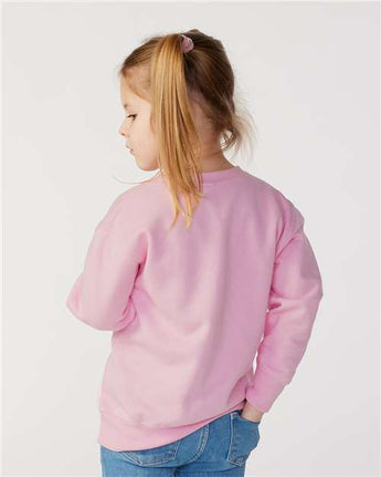 Pretreated Rabbit Skins 3317 Toddler Fleece Crewneck Sweatshirt - Pink - On Model - Back