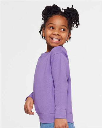 Pretreated Rabbit Skins 3317 Toddler Fleece Crewneck Sweatshirt - Lavender - On Model - Side