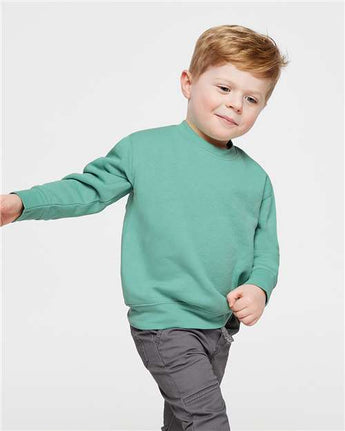 Pretreated Rabbit Skins 3317 Toddler Fleece Crewneck Sweatshirt - Saltwater - On Model