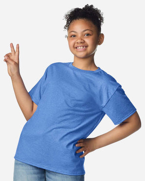 Pretreated Gildan 3000B Youth Light Cotton T-Shirt - Model wearing Heather Royal tee.
