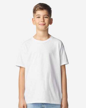 Pretreated Gildan 3000B Youth Light Cotton T-Shirt - Model wearing White tee.