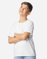 Pretreated Gildan 3000B Youth Light Cotton T-Shirt Model wearing White Shirt
